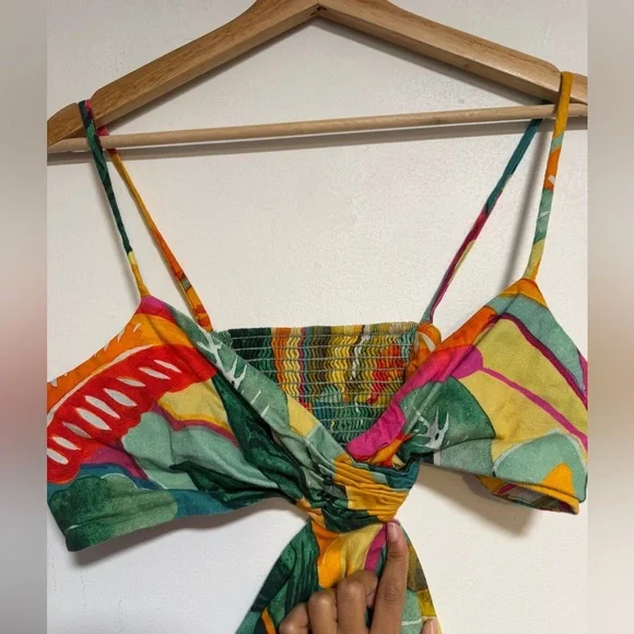 Tropical Print Cutout Mini Dress - Yellow & Green - Picture 8 of 9